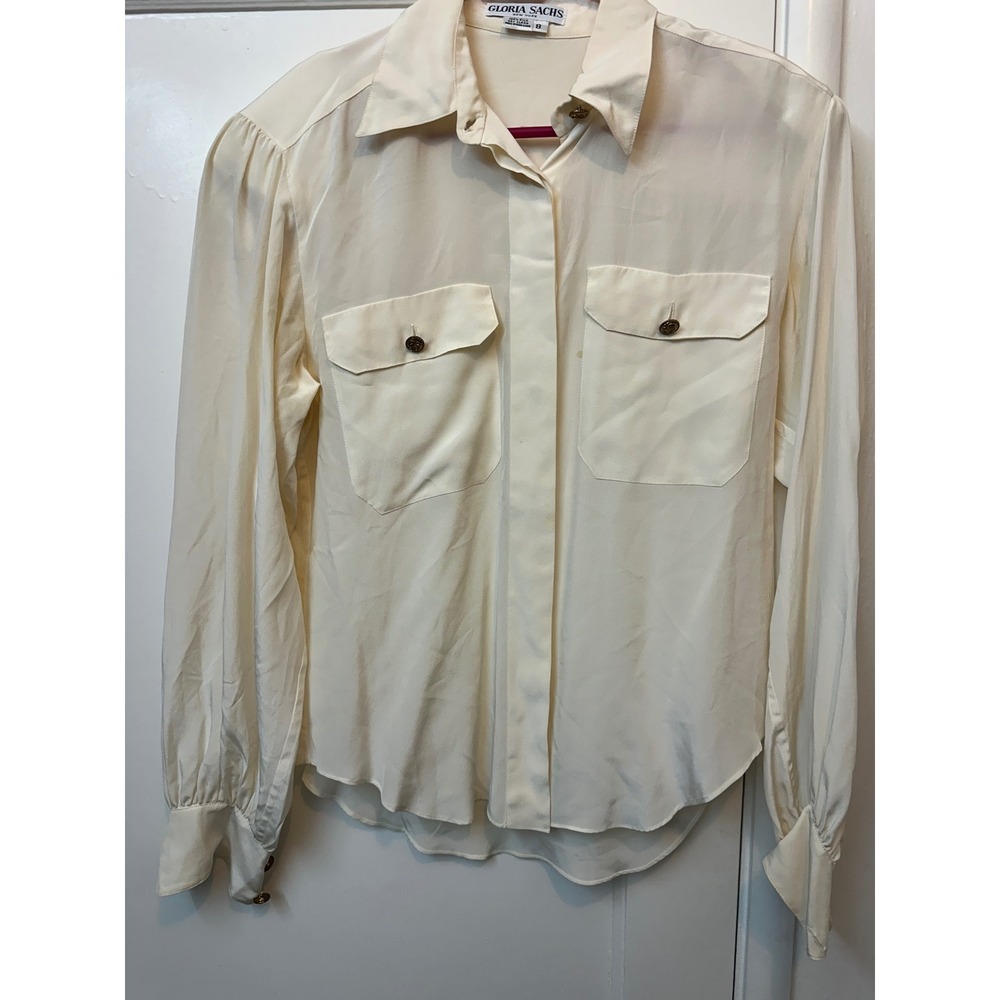 Gloria Sachs Vintage 100% Silk Blouse Cream Button‎ Up Gold Crest Buttons Sz 8